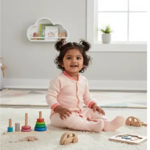 Peach & White Stripes Long sleeve footed Onesie